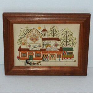 Framed Hand Stitched Wall Decor Village Street Scene Shops Buggy People